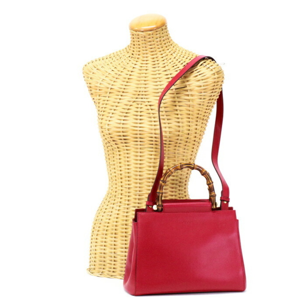 Gucci Nimfair Bamboo Handbag Leather Pearl Bag Shoulder Red Brown